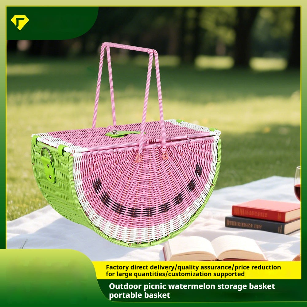 Watermelon Pattern Handheld Basket Multipurpose Rattan Look PP Material For Fruits Vegetables 46x23x28 cm