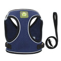 Navy blue cat harness vest with black leash and adjustable side straps