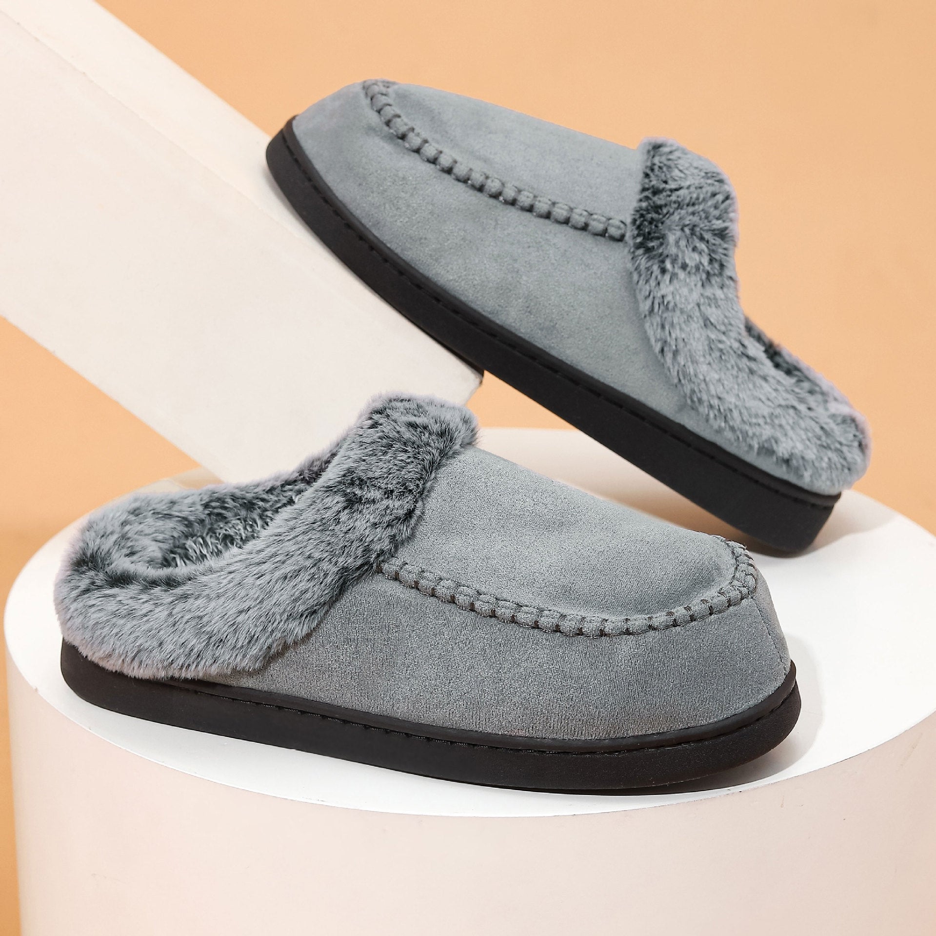 Unisex Plaid Fleece-Lined Slippers – Non-Slip Thickened Indoor Outdoor Shoes | EU 40–49