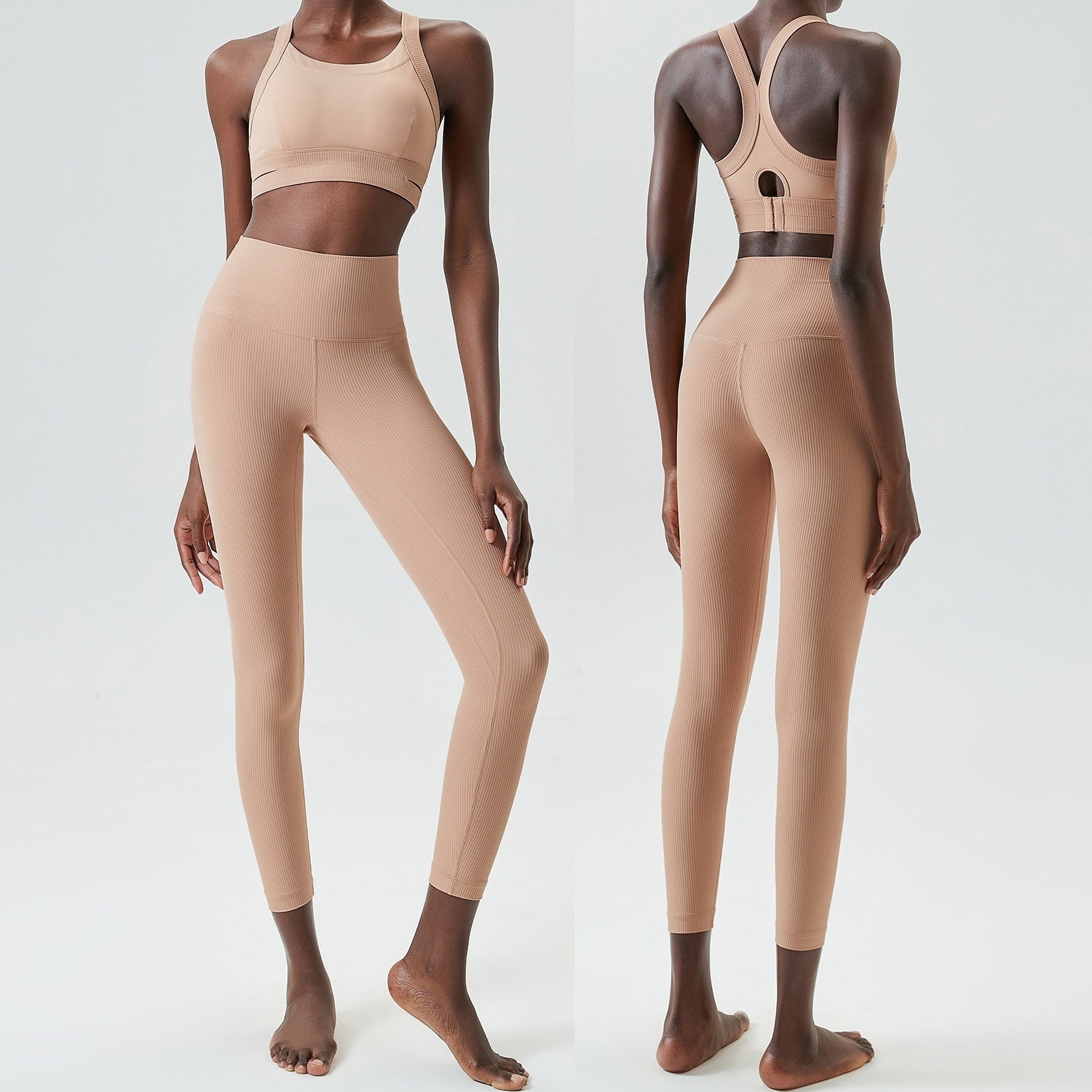 Willow Leaf Sport Two Piece Workout Set With Double Layer Ribbon Bra And Trousers Distilled Coffee Or Charcoal Blue Gray