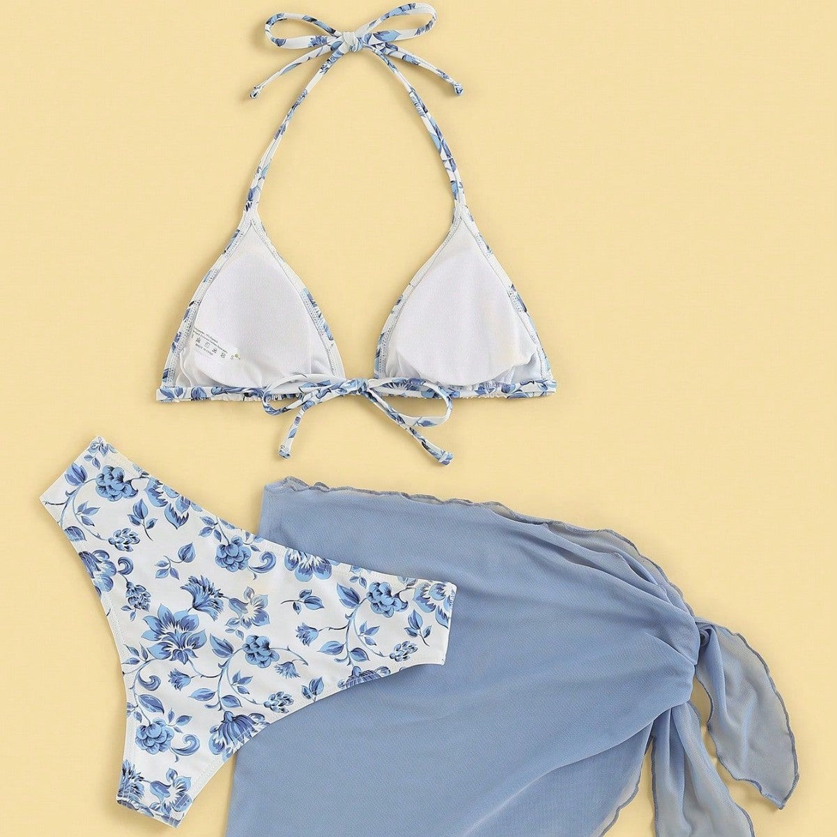 Small Floral Tie-neck Three-piece Bikini Split Swimsuit Swimwear Women