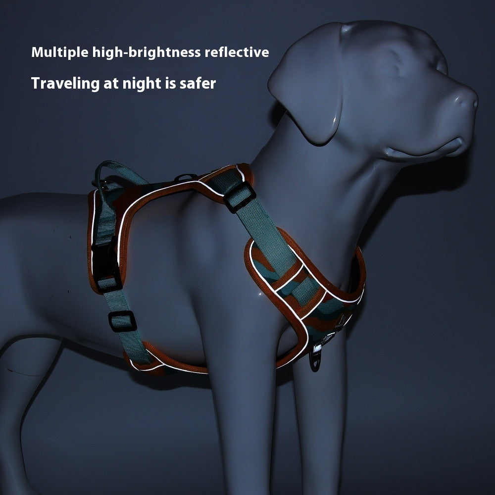 Reflective dog harness in brown camo with teal edging and multiple front straps