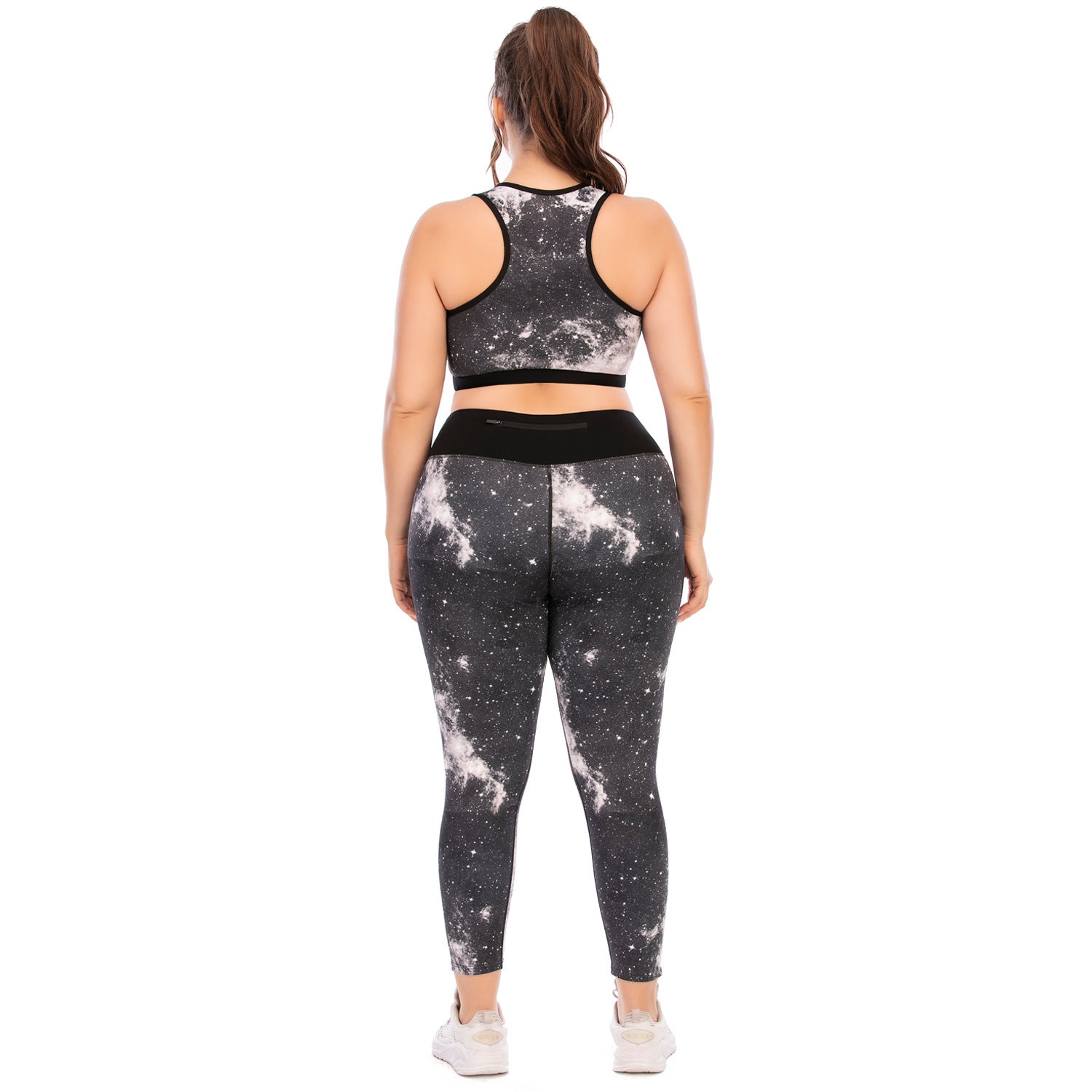 Plus Size Workout Set Yoga Clothes Print Gray Polyester Tight Fitting Pants And Sports Bra