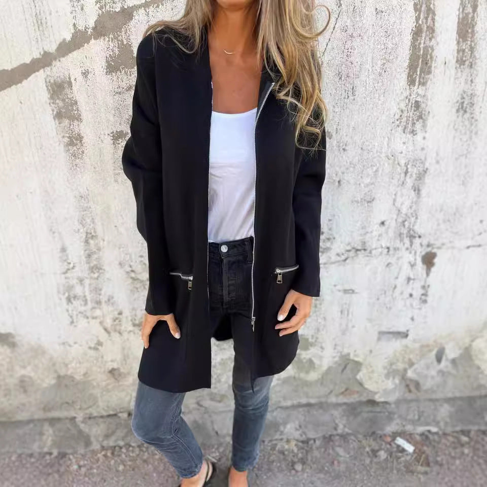 Women’s black zip-up hooded cardigan with front pockets and metal zipper accents