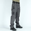Gray men's cargo trousers with side pockets, belt loops, and ankle cuffs