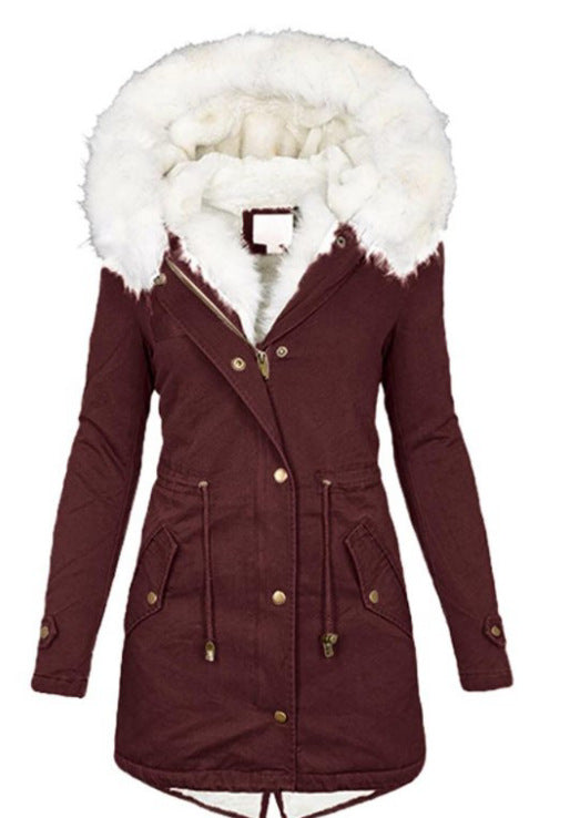 Women’s cotton padded parka, dark maroon with white faux-fur hood collar and gold buttons.