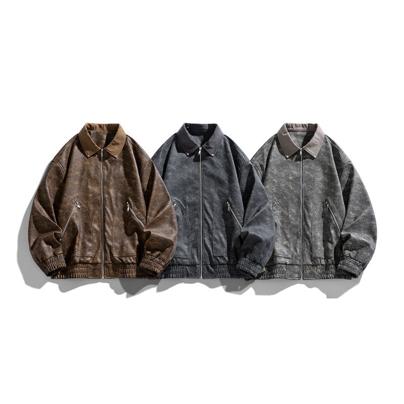 Men's American-style Retro Lapels PU Leather Jacket