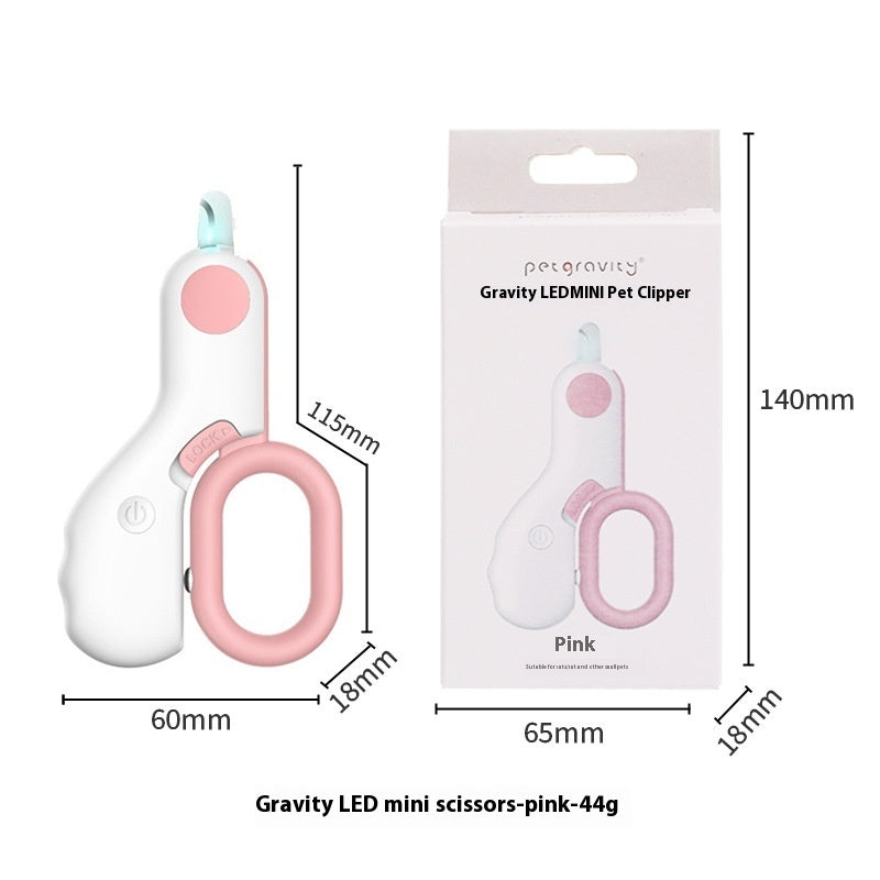 Pink LED pet nail clipper in retail box with product dimensions shown
