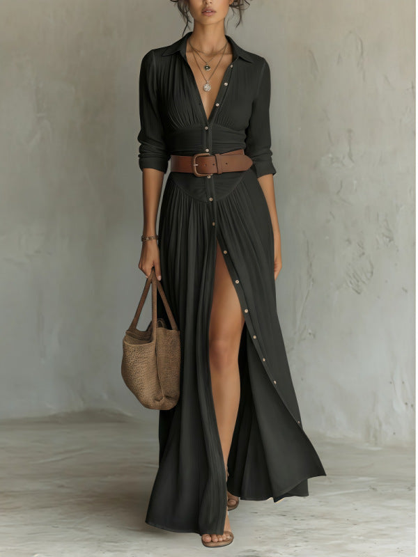Black V-neck maxi dress with high side slit, button front, cinched waist