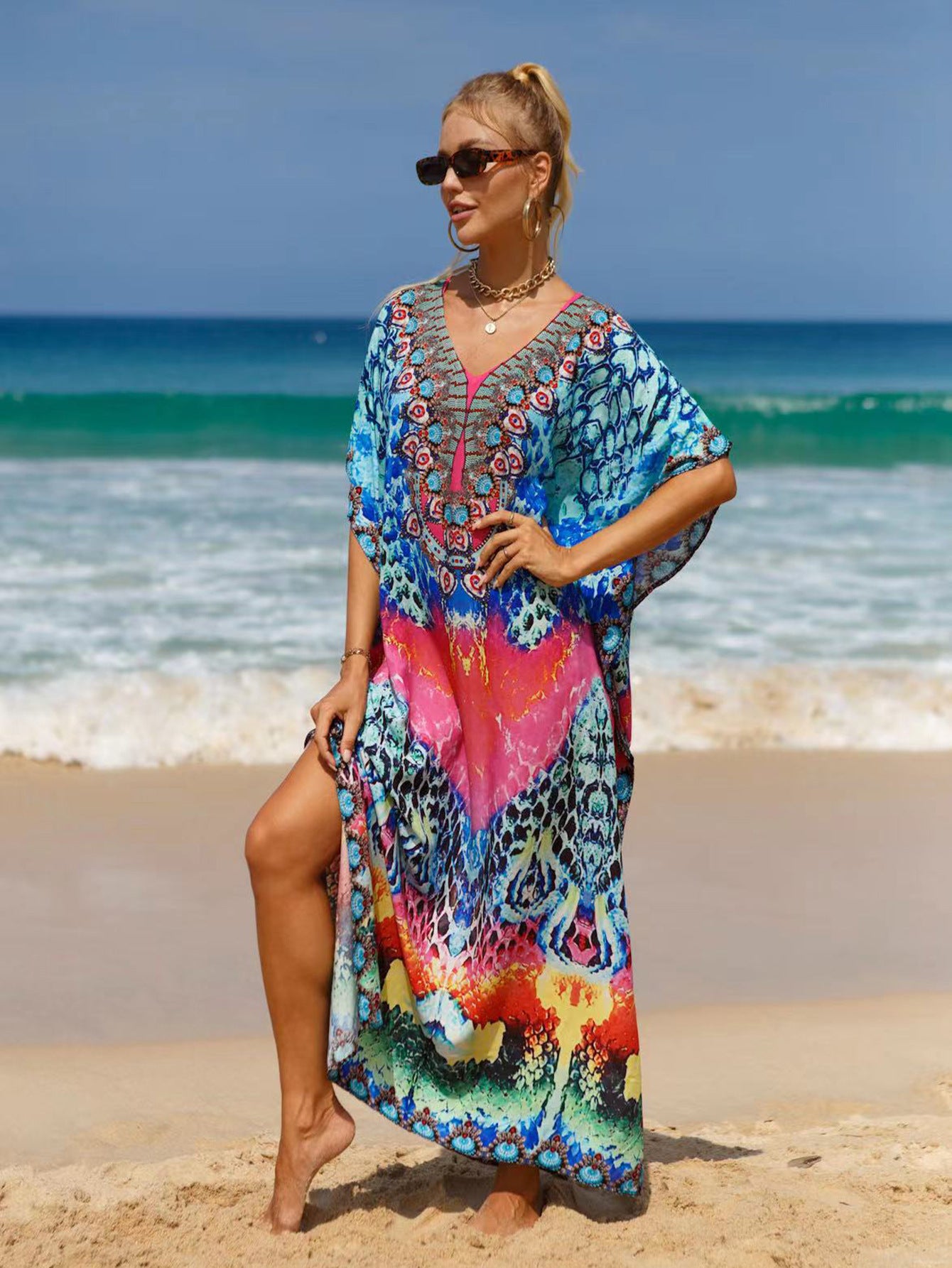 Bohemian Beach Cover Up Dress For Women - Flowy Long Maxi Dress, Lightweight Cotton Blend, Plus Size Available