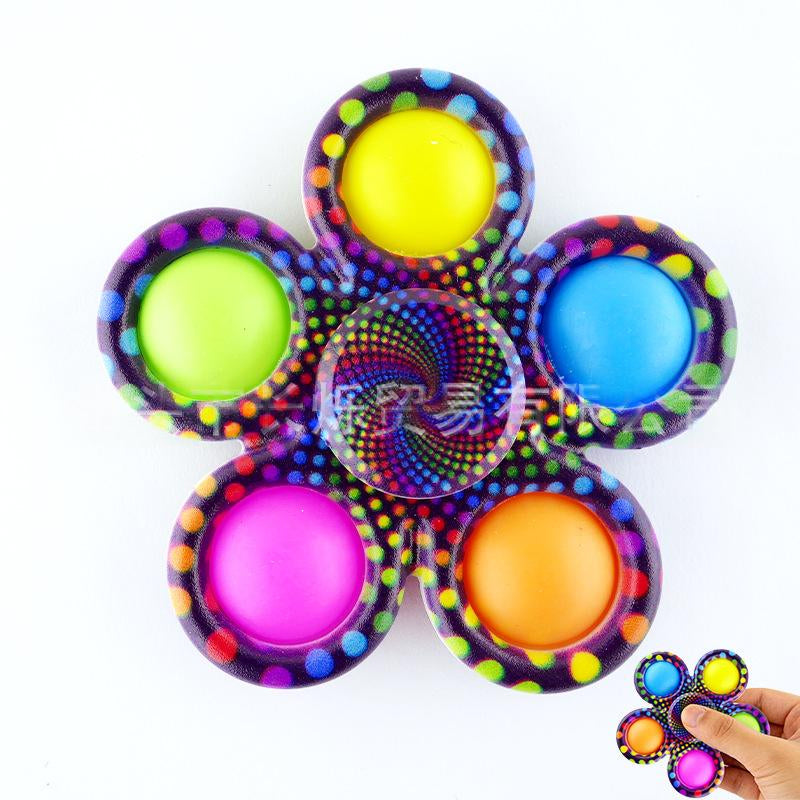 Polka-dot holographic fidget spinner stress-relief toy with neon yellow, green, and blue caps