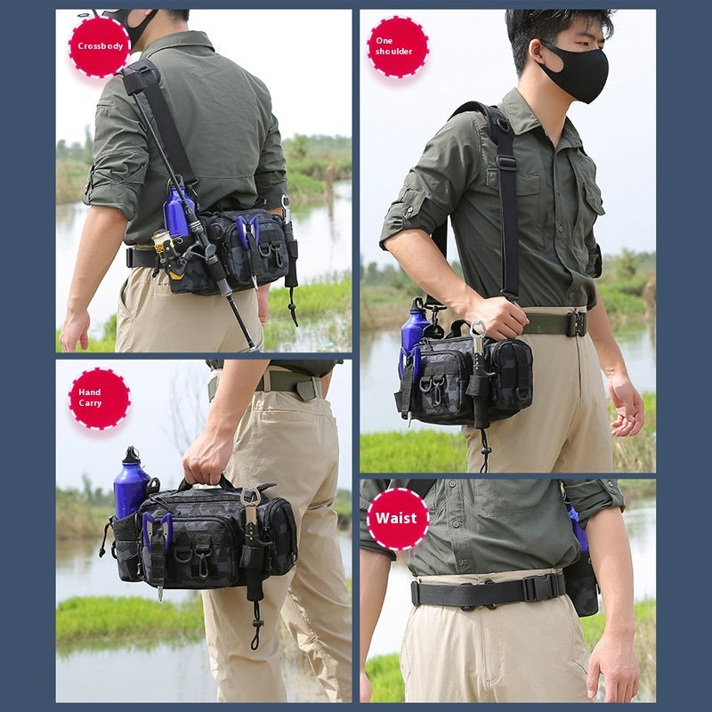 Multifunctional Fishing Rod Waist Bag Crossbody Backpack Canvas Camouflage 22x13cm