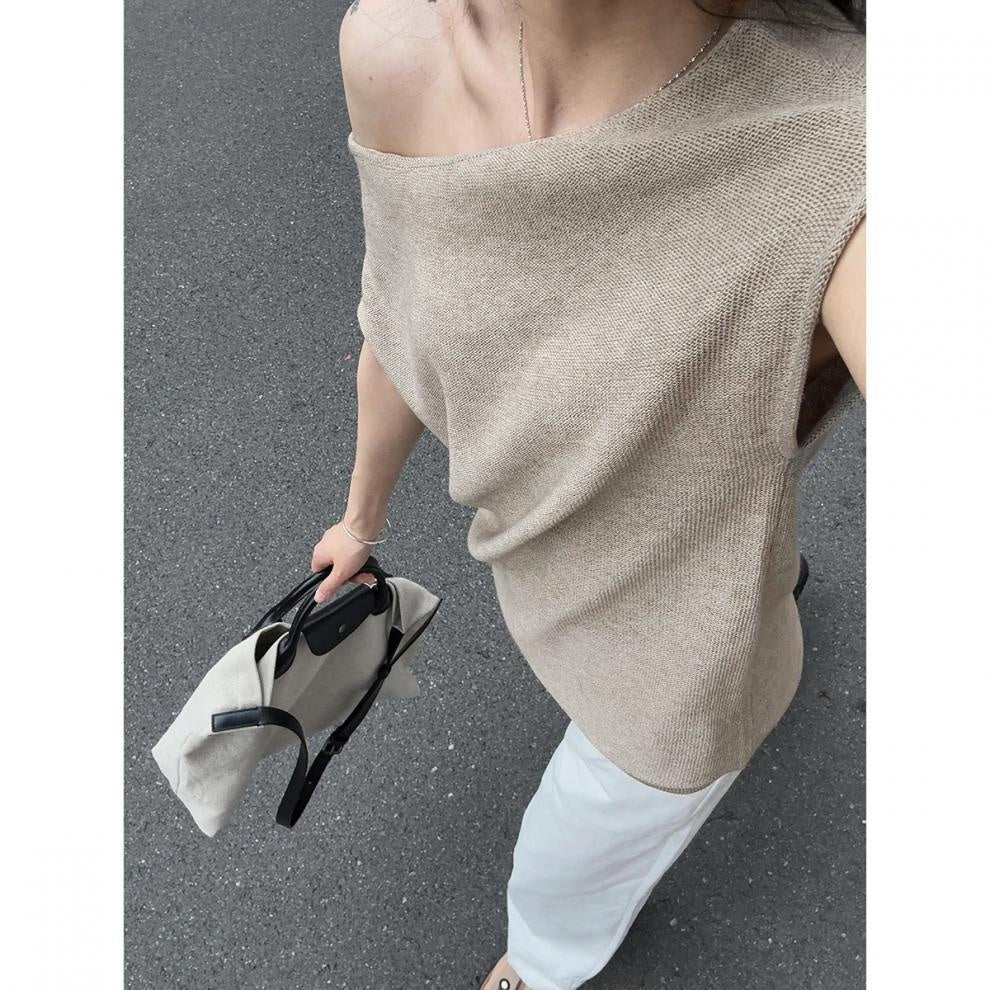Women's Wool Linen Off-Shoulder Blouse - 3D Cut Short Sleeve Top