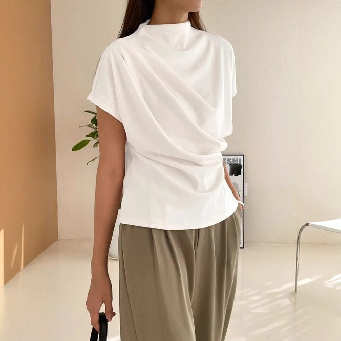 Women's Round Neck Draping Summer Blouse - Simple Short Sleeve