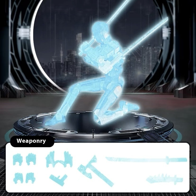 Blue luminous multi-joint robot action figure with glowing display base and weapon silhouettes