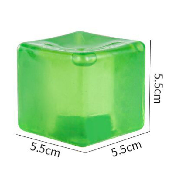 Green square fidget ball with size measurements: 5.5cm by 5.5cm by 5.5cm