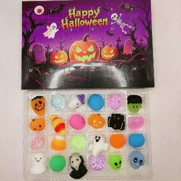 Halloween stress-relief sensory toy set in blister tray with small squishy shapes