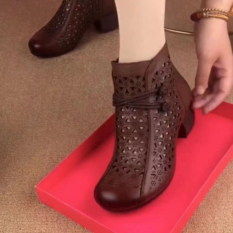 All-Match Leather Mid-Heel Casual Shoes - Women's Comfortable Retro Closed Toe