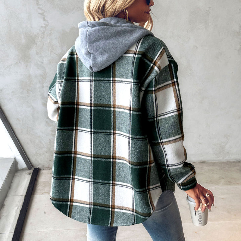Women’s plaid hooded jacket, green and white plaid with hood and long sleeves