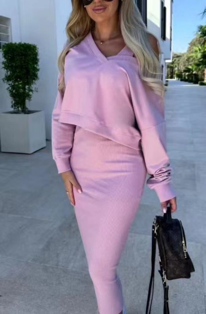 Soft pink 2-piece set with long-sleeve V-neck sweatshirt and sleeveless midi dress