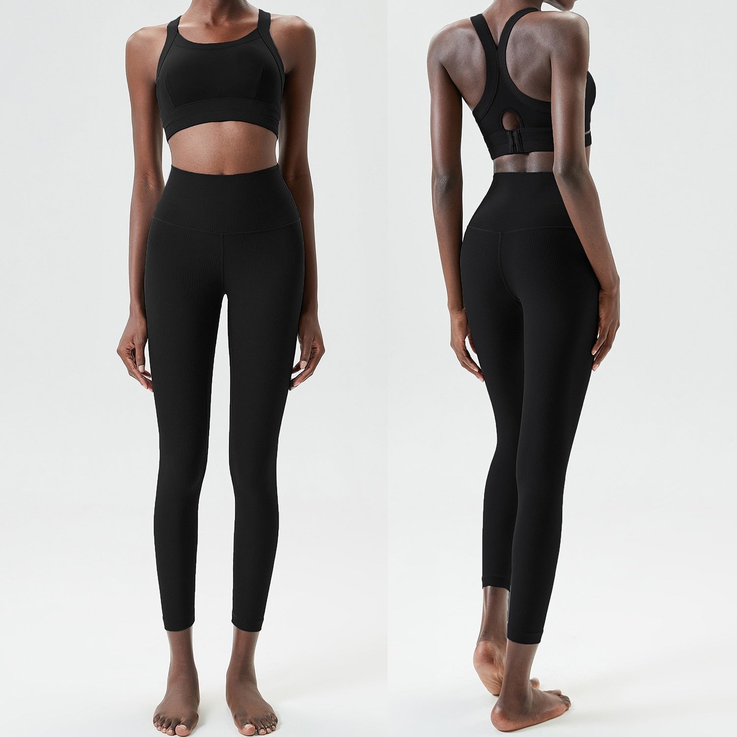 Willow Leaf Sport Two Piece Workout Set With Double Layer Ribbon Bra And Trousers Distilled Coffee Or Charcoal Blue Gray