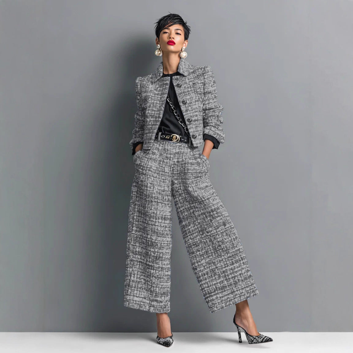 Women's silver-gray notched-lapel jacket and wide-leg pants set, full body