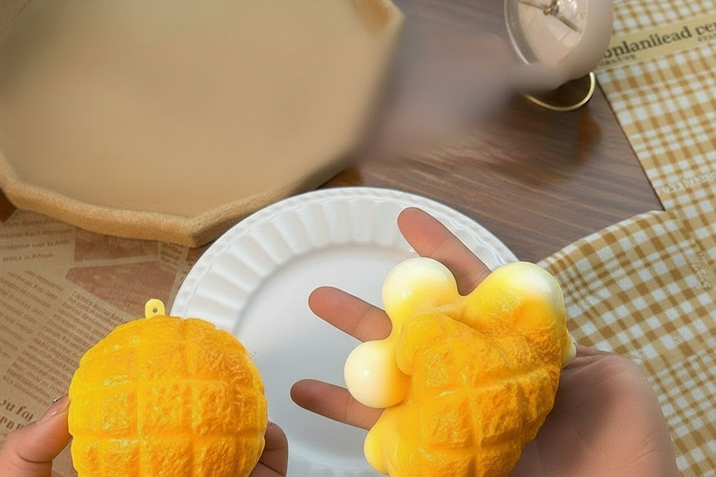 Orange pineapple bun squishy toy with keychain loop, squeezed in hand