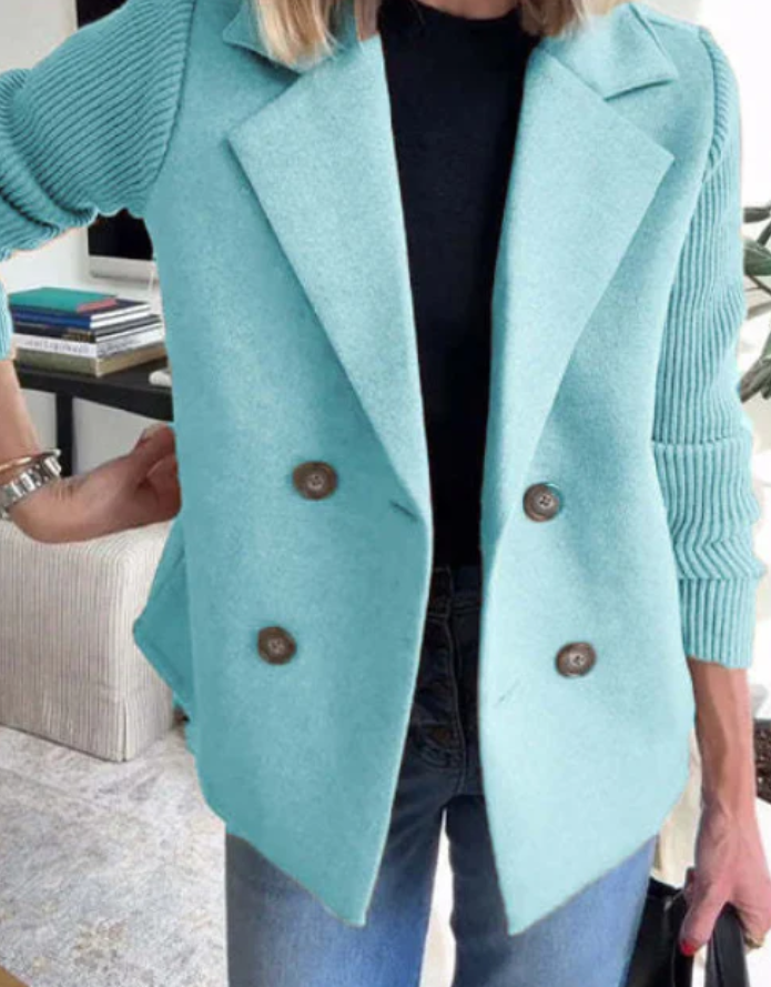 Double-breasted lapel jacket with knitted sleeves, light teal, button front and long cuffs