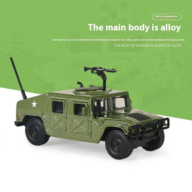 Green alloy military model vehicle toy, side view with rooftop turret and wheels