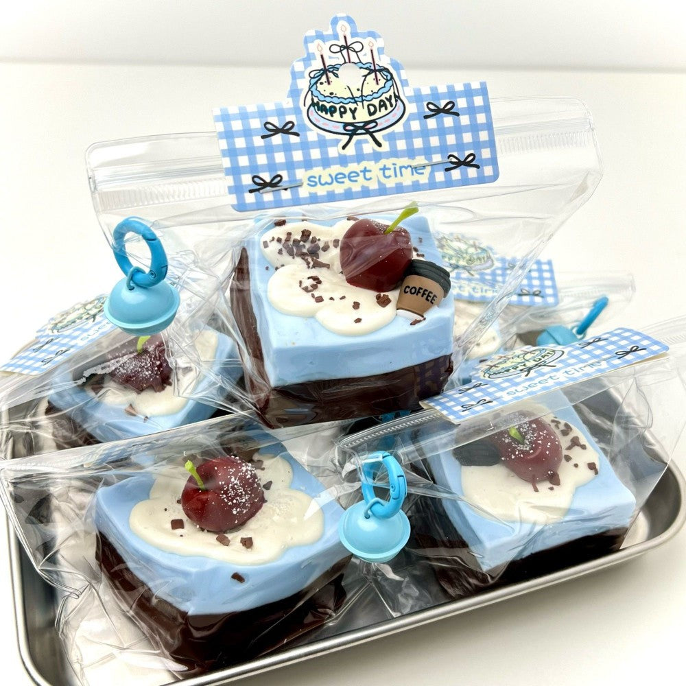 Set of cake-slice stress-relief clay gadgets in clear bag tray, blue seal clips