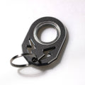 Black rotating key chain with silver ring and arrow-style hook.