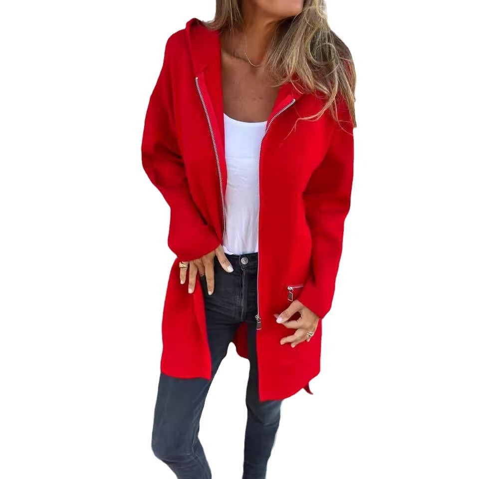 Women’s red zip-up hooded cardigan on model, open front with front pockets