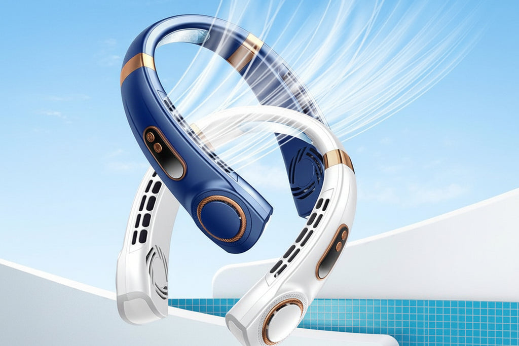 Portable hanging neck fan, dark blue and white body with copper accents and side vents