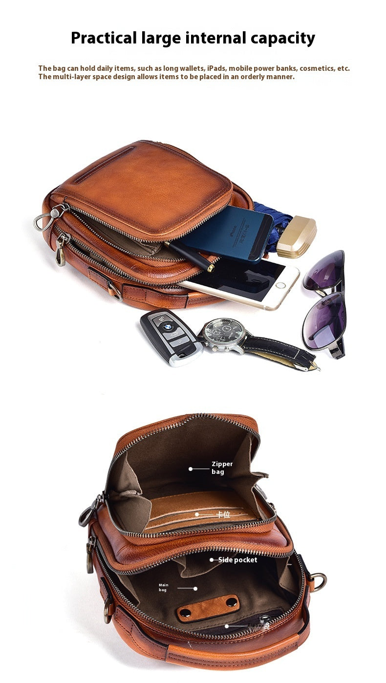Genuine Leather Cowhide Retro Mens Messenger Bag Casual Everyday Travel with Single Shoulder Strap