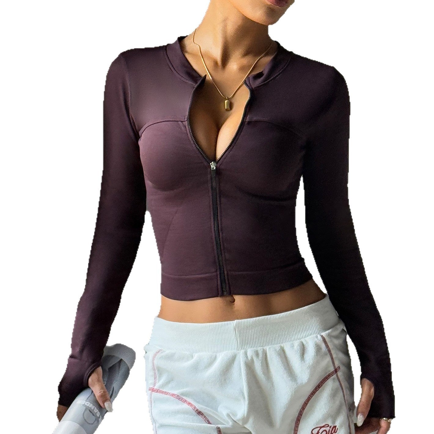 Brown Long Sleeve Zip Up Quick Dry Yoga Jacket For Training Sports Fitness Nylon Spandex