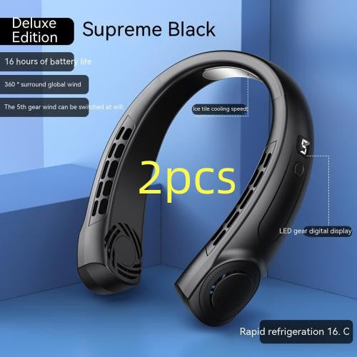 2-piece black hanging neck fan set with vented airflow and curved control panel