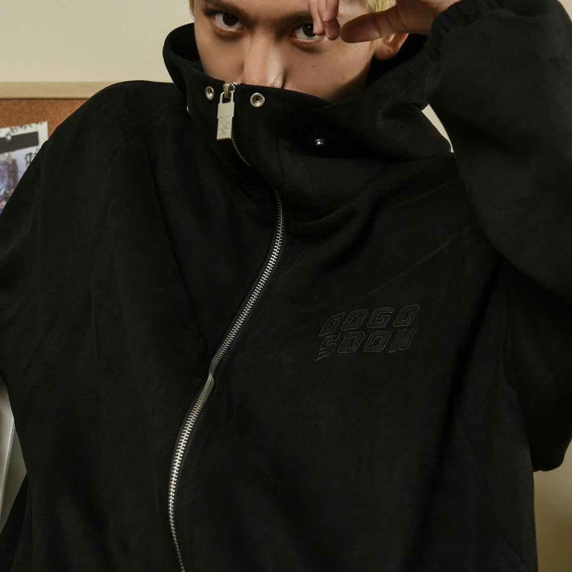 Men's Thick Loose Pu Shuai Embroidered Zipper Hooded Jacket