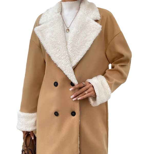 Women’s tan wool coat with thick white sherpa collar, double-breasted placket, long sleeves