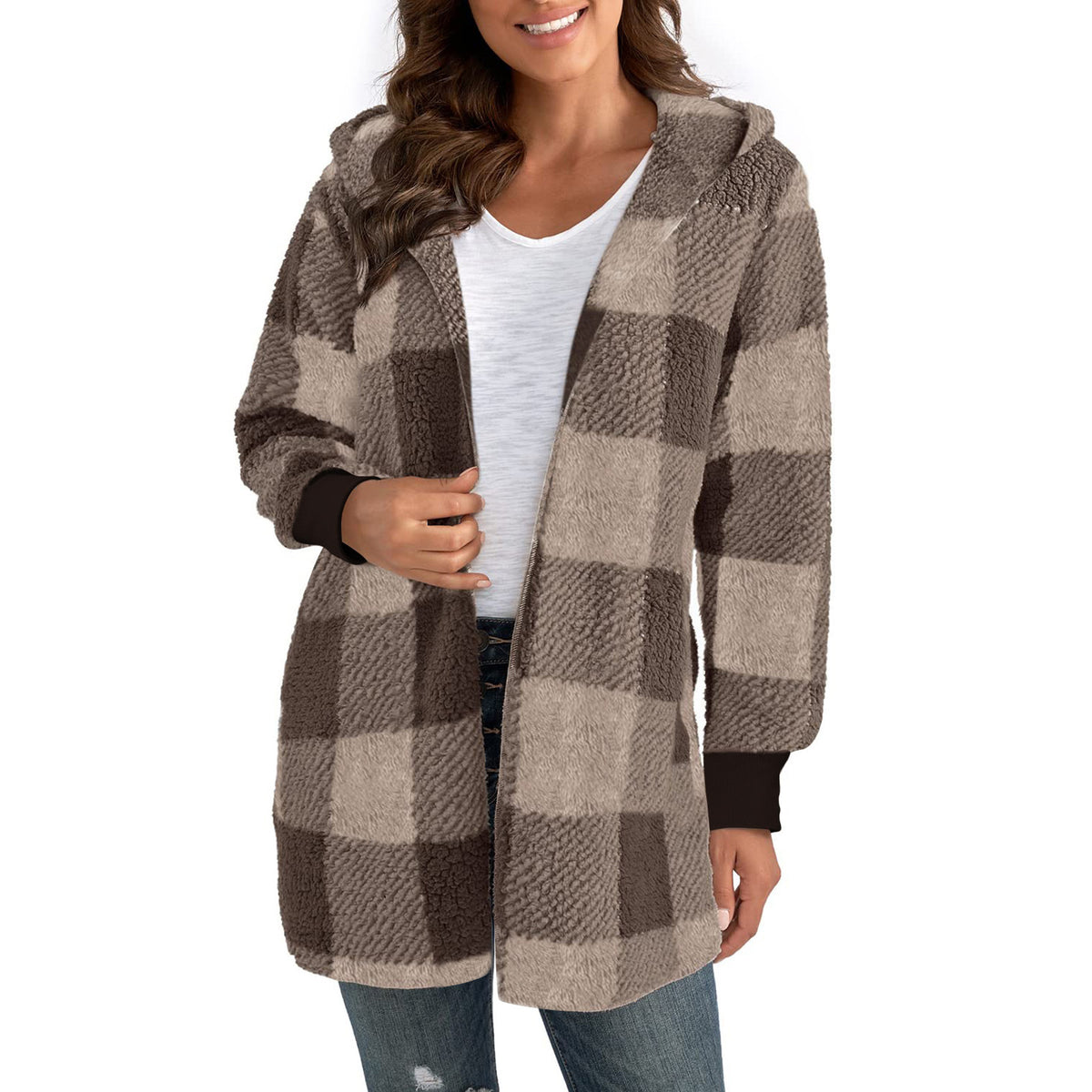 Taupe and gray plaid knit cardigan sweater with open front and long sleeves