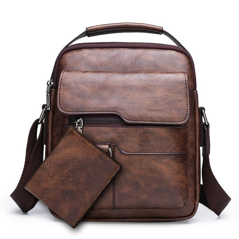Retro Mens Document Messenger Bag In Synthetic Leather With Single Shoulder Strap Vertical Square Shape Brown Or Black