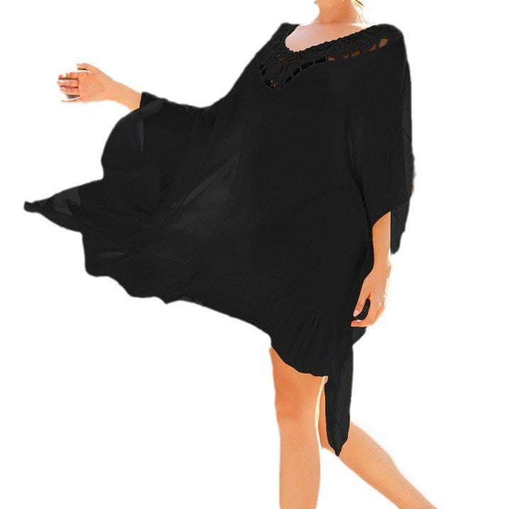 Black Polyester Beach Cover Up Tassel Square Overskirt Hand Crocheted Free Size Stitching