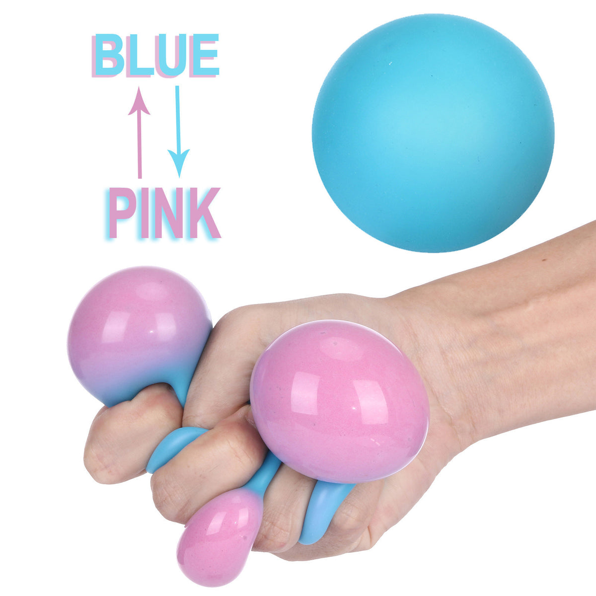 Color-changing TPR rubber vent ball set, blue and pink soft rubber balls held in hand