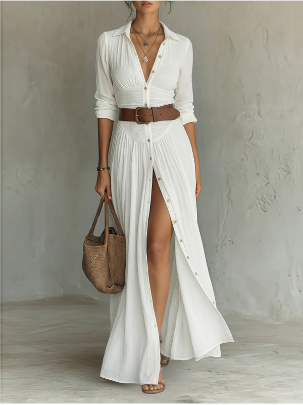 White V-neck maxi dress with high side slit, button placket, gathered waist