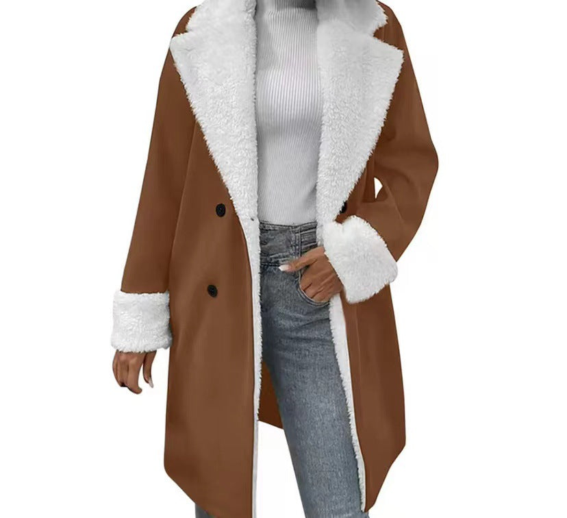 Women's wool coat with faux shearling collar and cuffs, brown, long button front