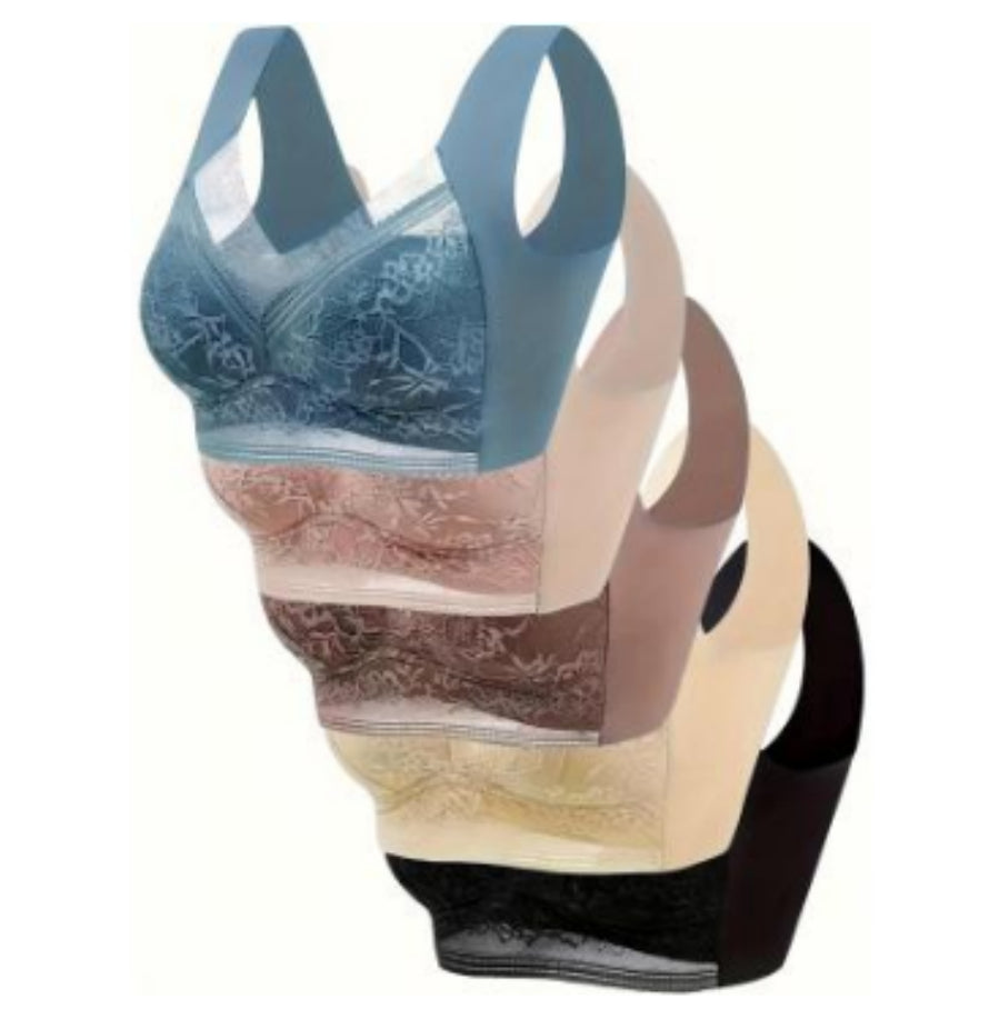 Assorted-color lace wireless push-up bras set, 3/4 cups with V-neck lace.