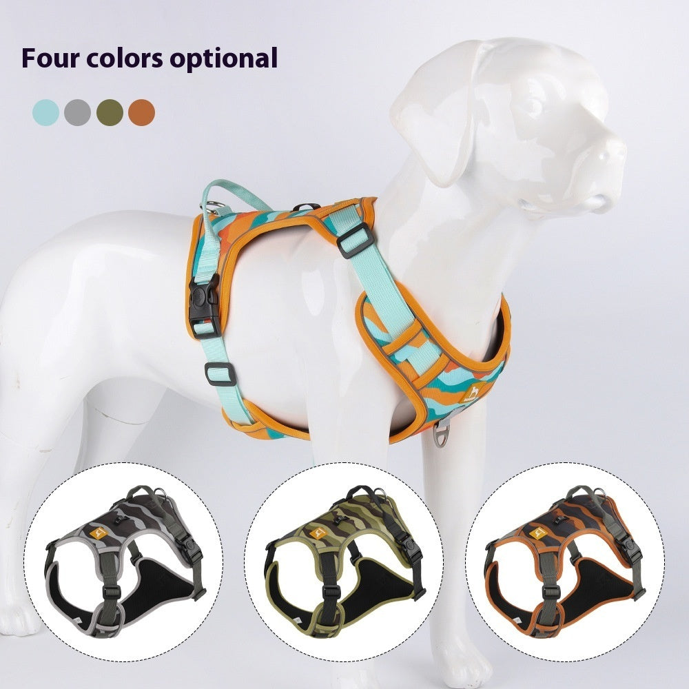 Reflective dog harness in orange-and-teal camo on a mannequin, adjustable straps