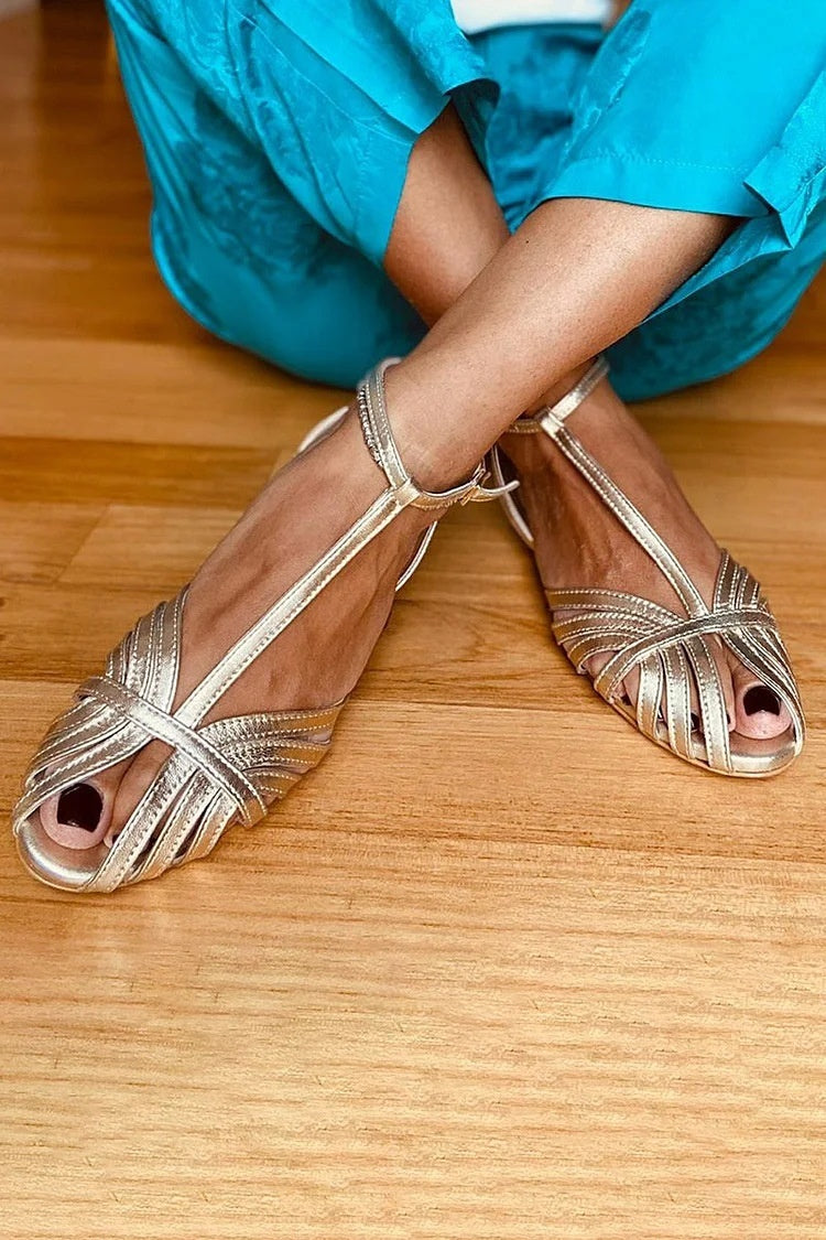 Summer Fashion Flat Peep Toe Ankle Buckle Sandals - Women's Hollow Gold Shoes