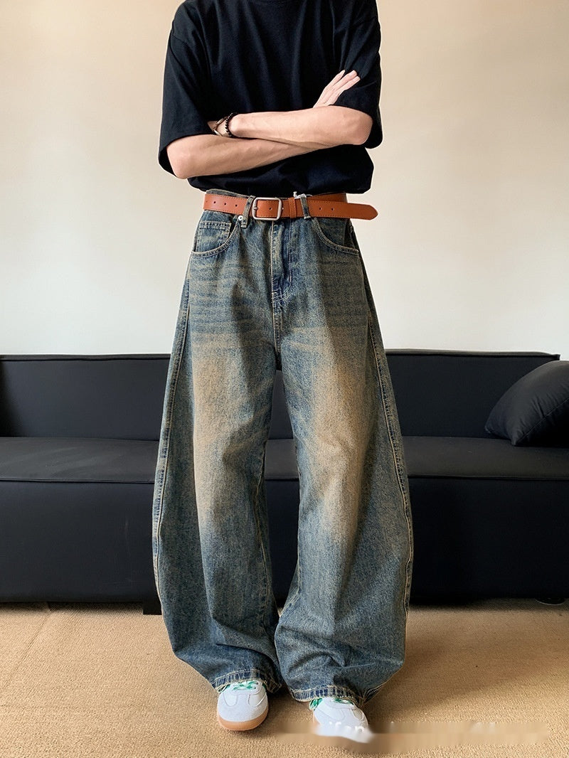Summer American Retro Distressed Machete Denim Slimming Wide-leg Pants For Men
