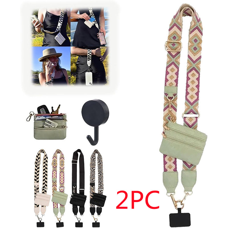 Two-piece diamond-pattern phone lanyard with green zipper pouch and metal clip straps