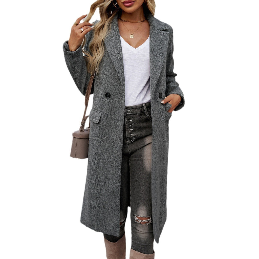 Dark gray women's long turn-down collar coat with button front and flap pockets